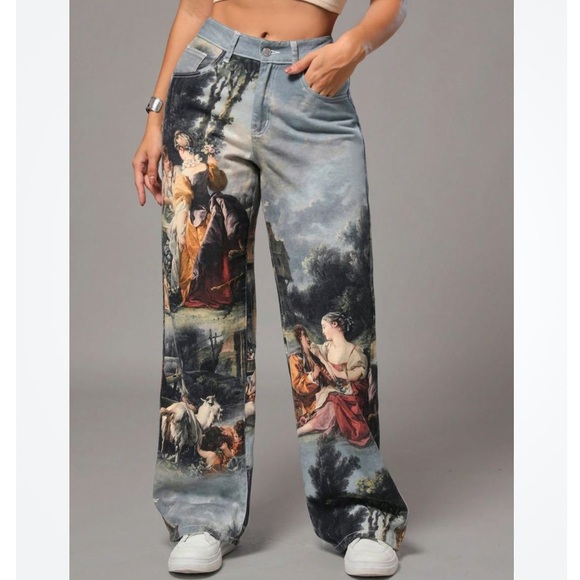Trendy da Vinci Oil Painting Fine Art High Rise Baggy Denim Jean Pants - Picture 14 of 14